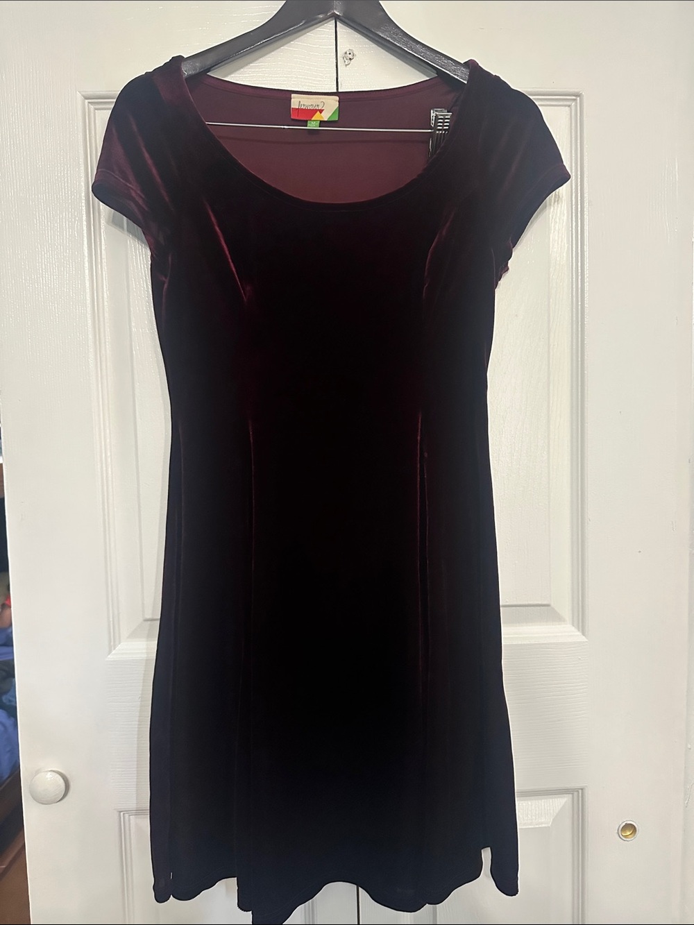 Velvet Short-Sleeve Scoop Neck Dress - Deep Burgundy